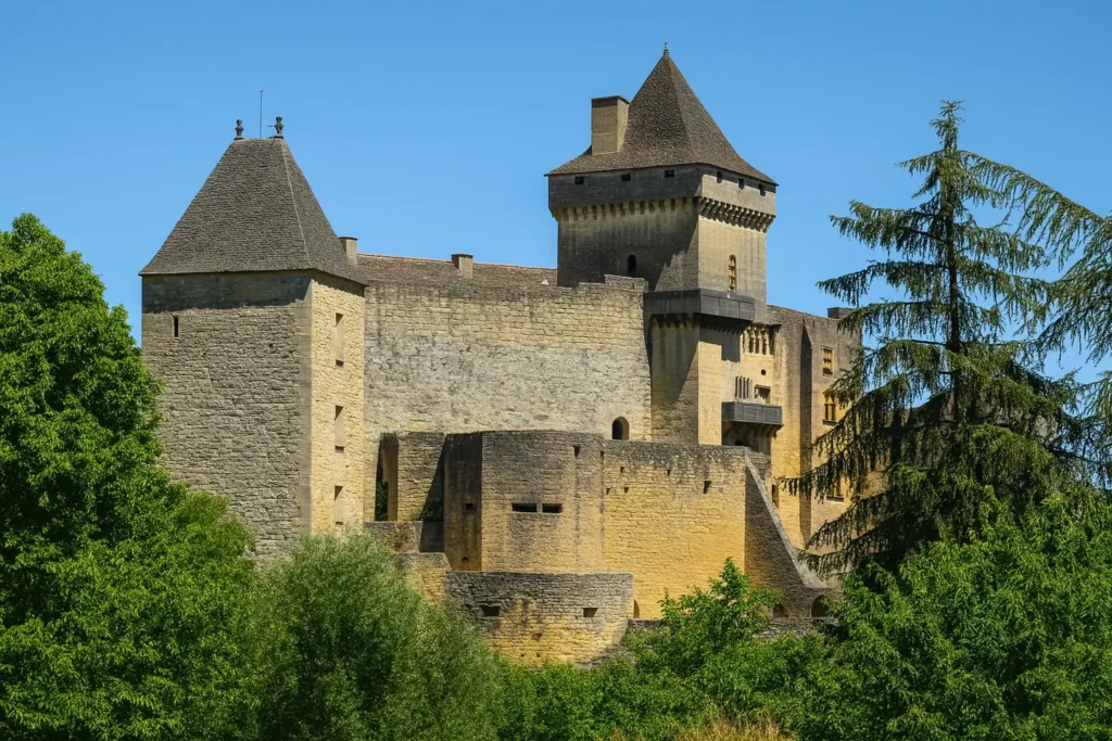 Château de Castelnaud-la-Chapelle avec ses tours en pierre et ses arbres dans le Périgord, en France.
