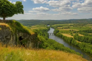 Vue depuis Domme sur la Dordogne et le pont depuis le bord de la falaise