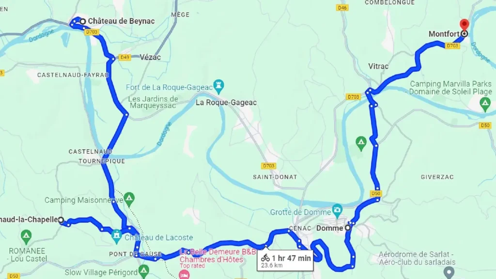 Cycling in Dordogne. Route from Beynac to Montfort