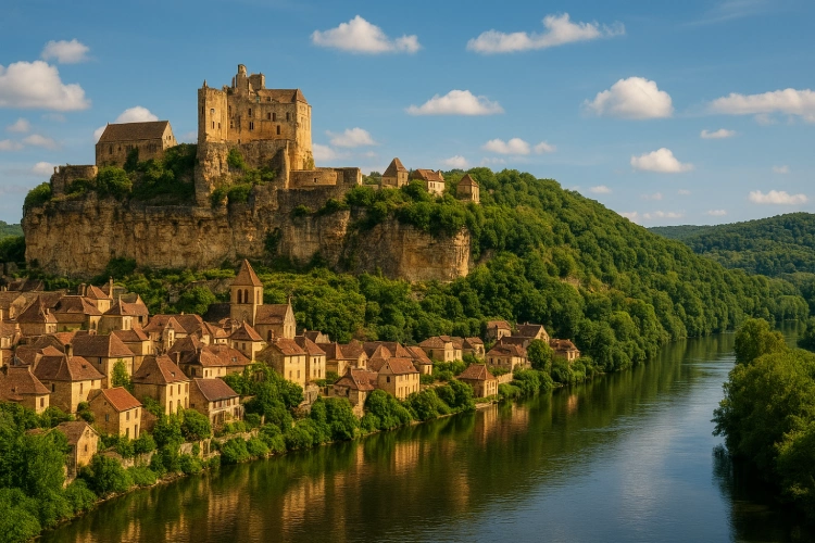 Château-de-Beynac-and-the-Dordogne-River-seen-from-the-village-of-Beynac-et-Cazenac-a-popular-stop-for-cycling-in-Dordogne