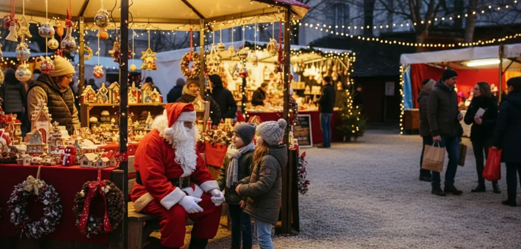 Santa Claus is speaking with two kids at the Bergerac Christmas Market in Dordogne