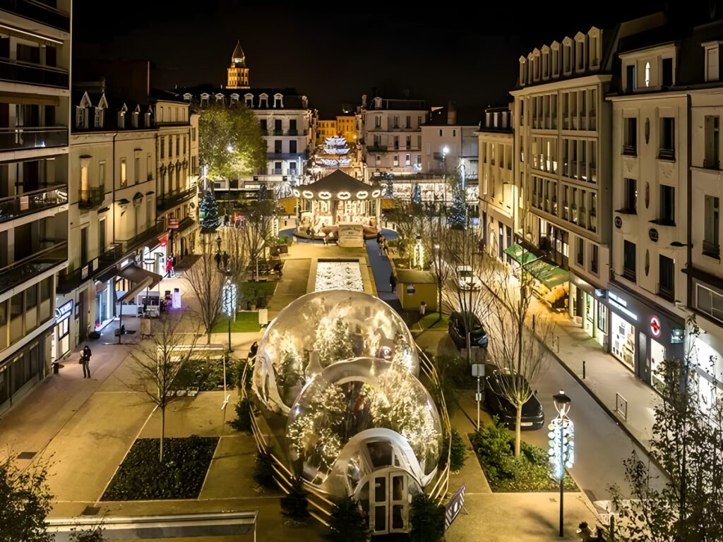 Stunning Christmas lights in the center of Périgueux Christmas Market, one of the best christmas markets in Dordogne, enhancing the festive spirit of the city.