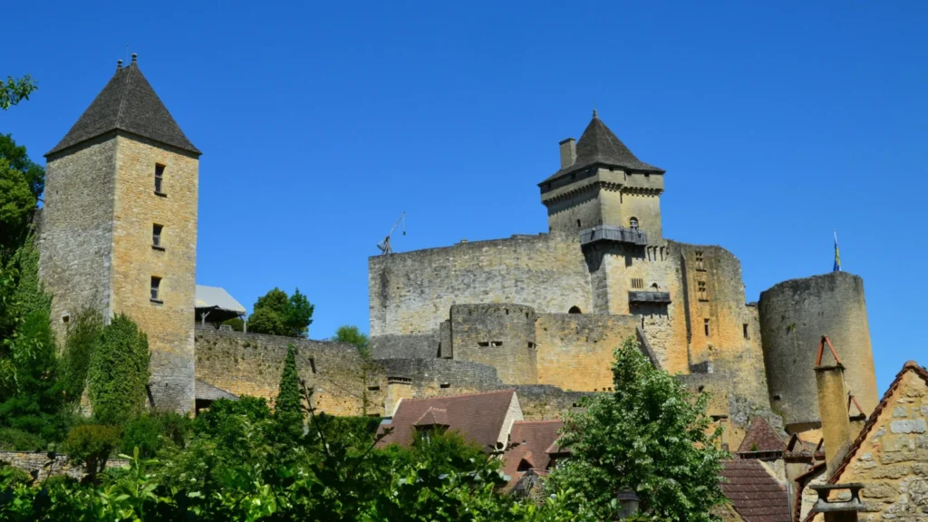 Aerial view of Castelnaud-la-Chapelle Castle featuring its prominent tower and a smaller tower atop its roof.