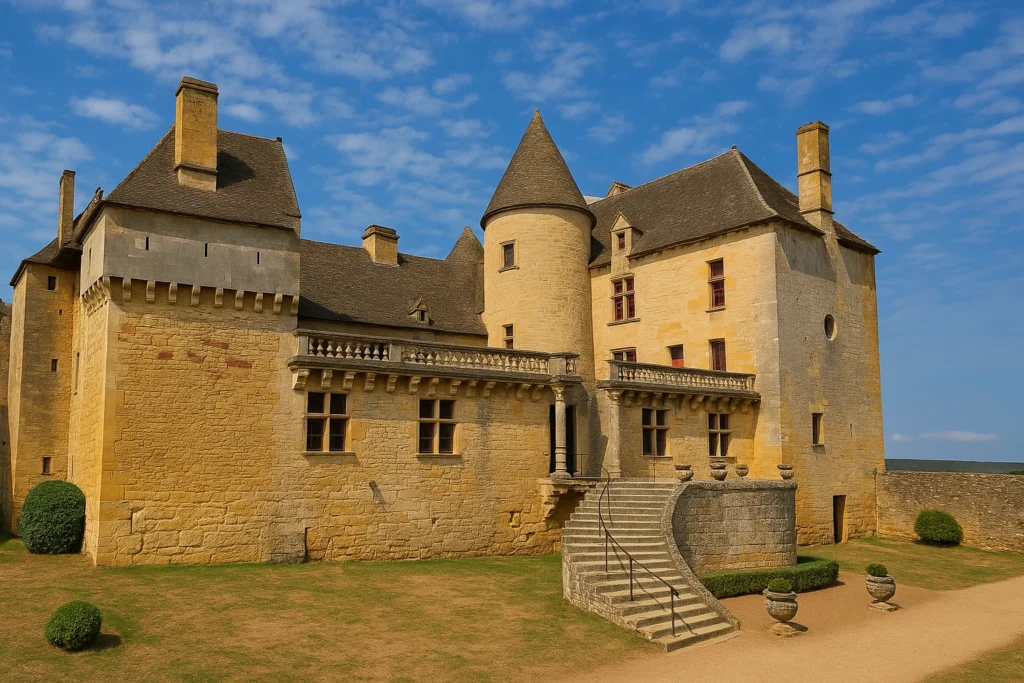 The historic Château de Fénelon features many stairs, showcasing its age and architectural grandeur.