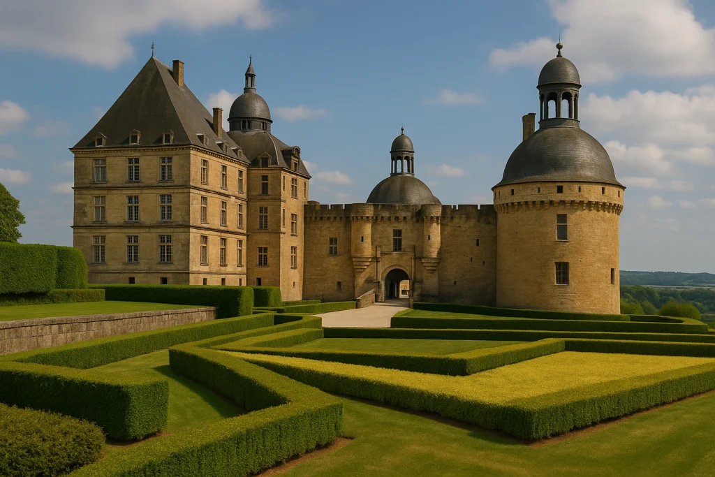 A majestic view of Château de Hautefort, featuring its elaborate tower and grand castle structure against a clear sky.