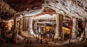 La Grotte de Dome, France, showcasing towering rock formations and natural beauty.