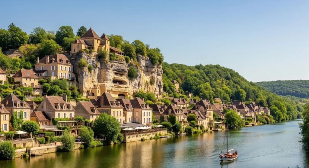 Scenic view of La Roque-Gageac, an enchanting village in the Dordogne region of France, located along the riverbank.