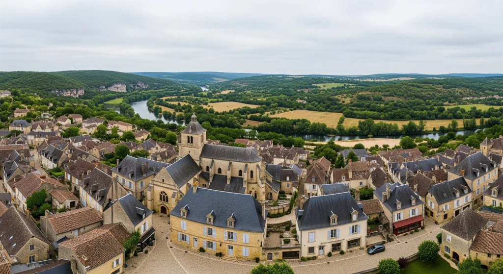 Aerial perspective of Domme, a captivating village in Dordogne, revealing its historic architecture located within lush landscapes.