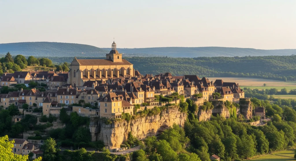 Aerial view of a charming village in the Dordogne, showcasing the idyllic French countryside and timeless architecture