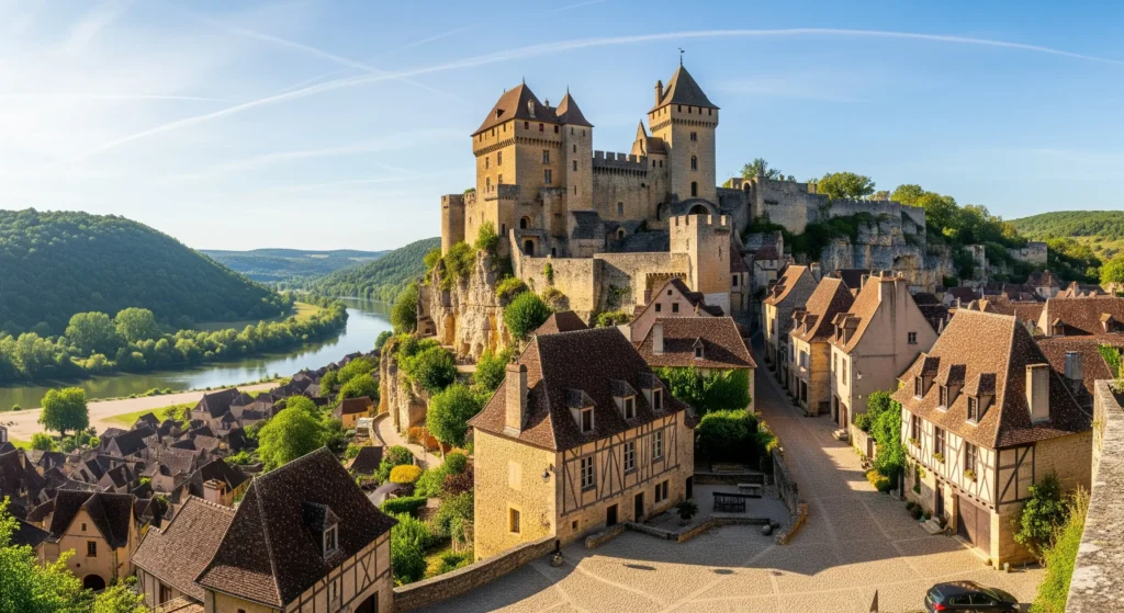 Castelnaud-la-Chapelle, one of the most attractive villages in the Dordogne, with its imposing medieval castle perched above the river.