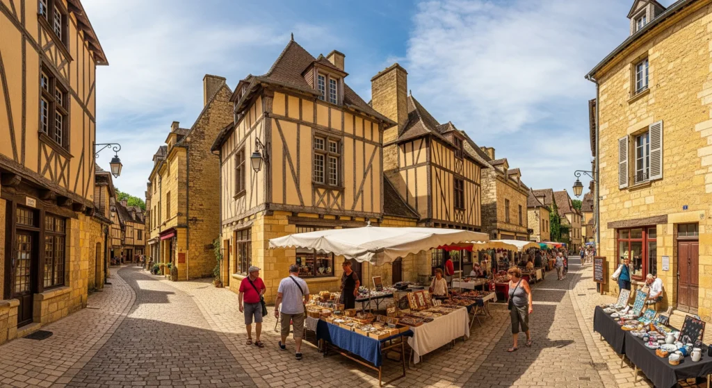 A typical street in the historic village of Sarlat-la-Canéda in the Dordogne, with cobbled paths and medieval architecture.