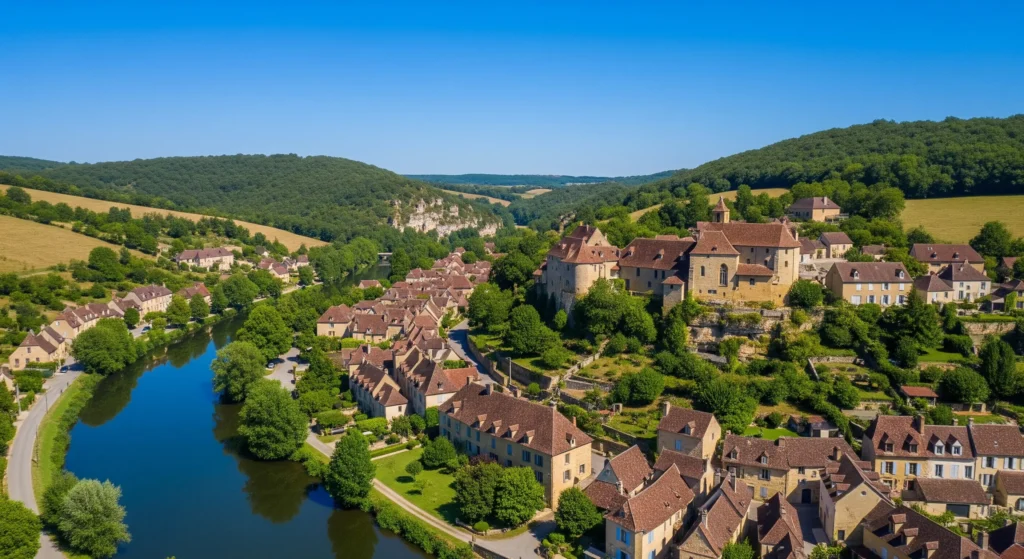 The charming village of Vitrac and Montfort in Dordogne, with its medieval stone houses, historic château, and the peaceful Dordogne River located between wooded hills and golden fields.