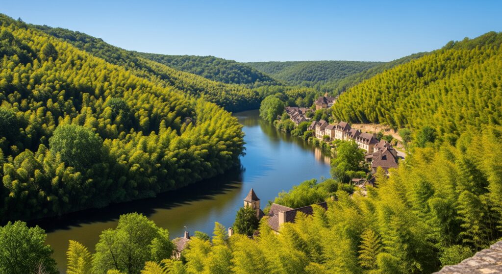 River and forest at Bambousaie de la Roque-Gageac, a garden near Domme in Dordogne.