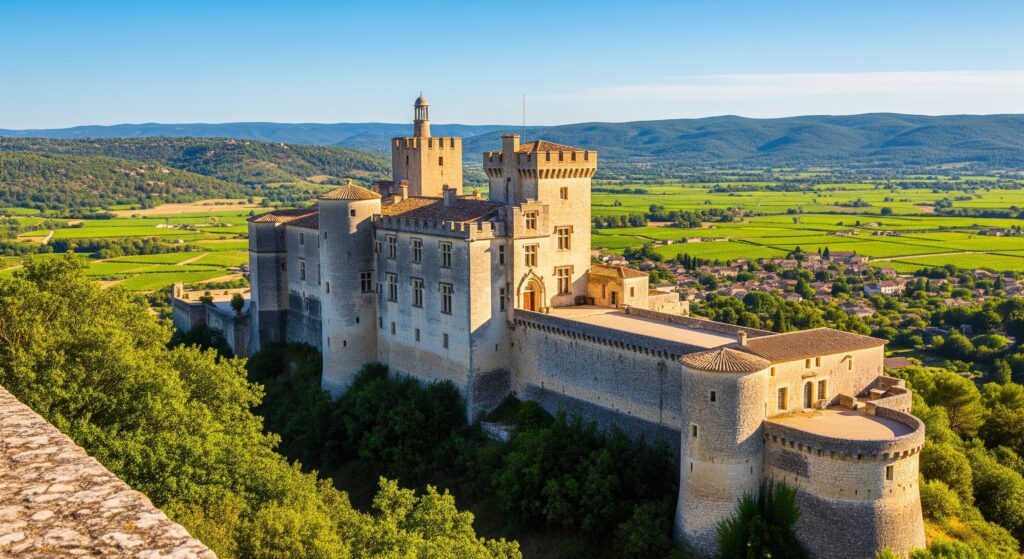 Château de Lacoste, one of the gardens in Domme, with large gardens and tall trees around its historic architecture.