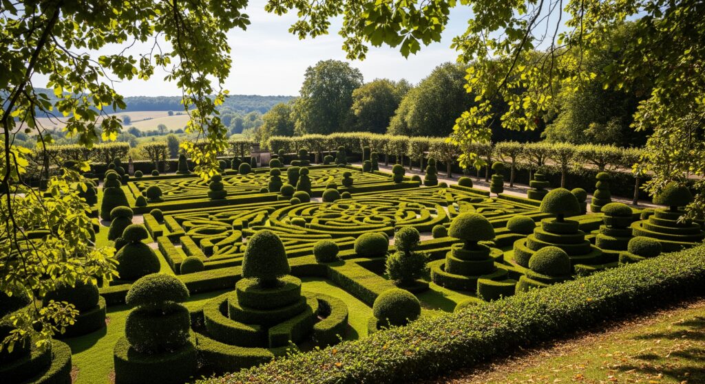 Central maze in the Eyrignac Gardens, one of the gardens in Dordogne near Domme.
