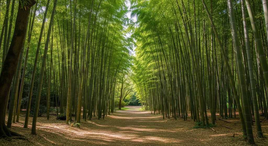 Les Bambous De Planbuisson Garden in Dordogne with bamboo and grasses in a peaceful, green setting.