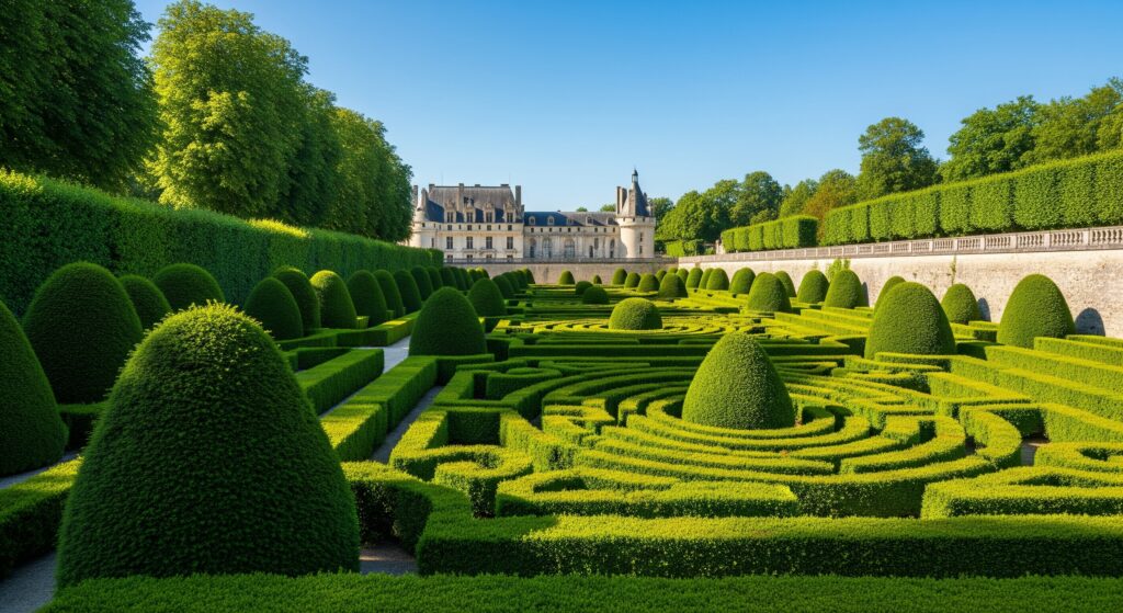 Maze and greenery at Parc et Jardin de Buis du Château de Caudon, gardens near Domme.