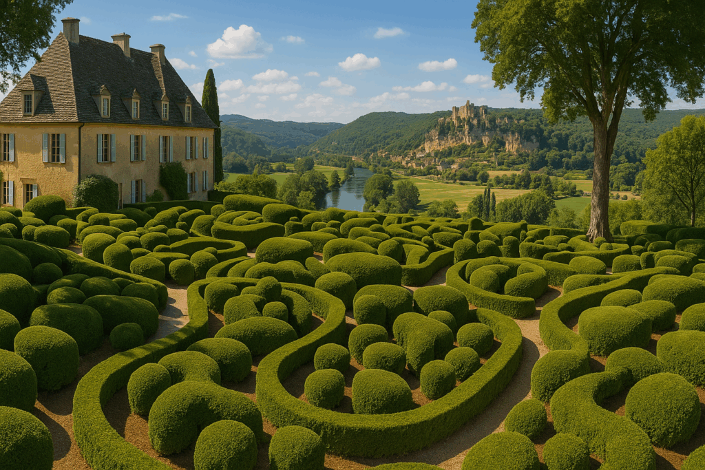 Marqueyssac Gardens near Domme with sculpted boxwood, walking paths, and views of the Dordogne Valley.