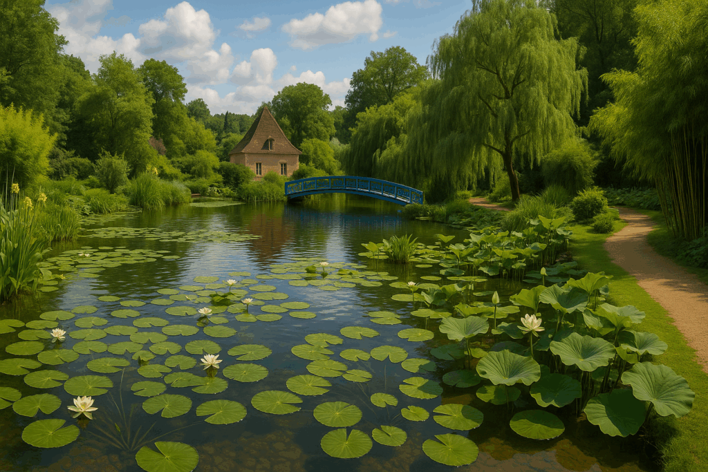 The Water Gardens of Carsac near Domme with a bridge, ponds, and winding paths.