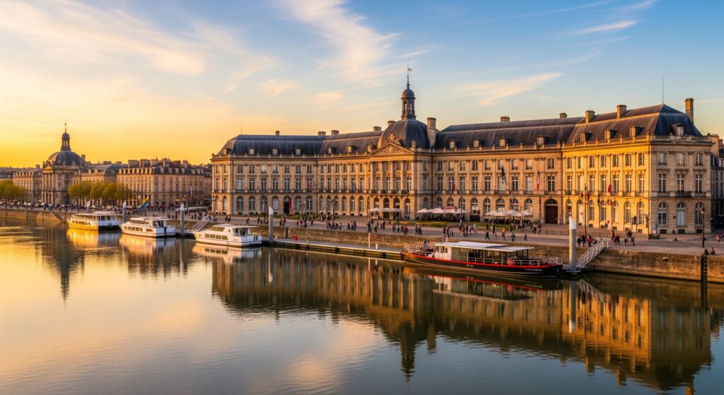 A view of Bordeaux in the background highlights the city's famous architecture and vibrant atmosphere.