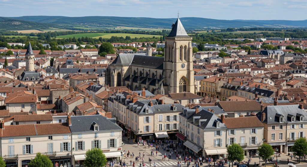 Historic town center of Brive-la-Gaillarde, France, with its stone church, cobblestone square, and surrounding countryside seen from above.