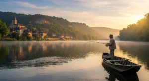 A man in a boat fishing on the Dordogne River at sunrise, with the sky painted in warm hues reflecting on the water.