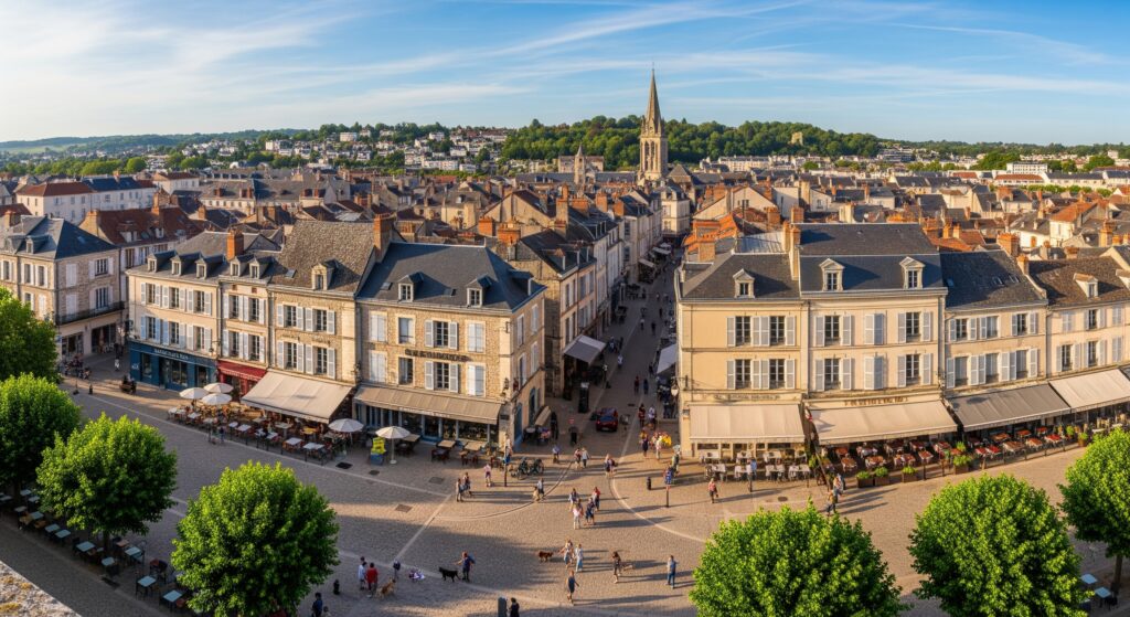Aerial view of the main square in Périgueux, France, with tree-lined streets, outdoor cafés, historic stone buildings, and a church spire in the background under a clear blue sky.