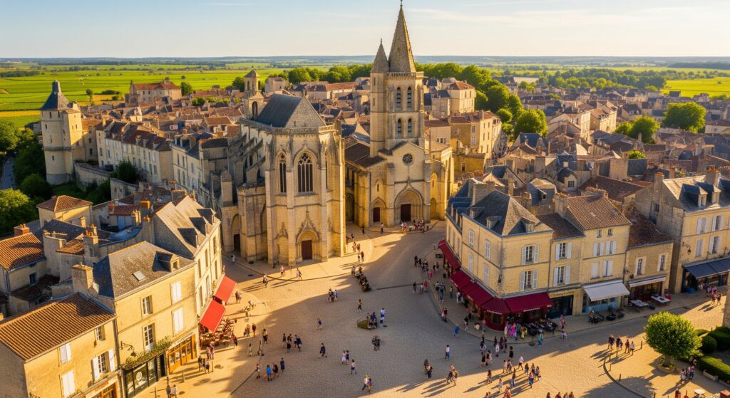 An aerial view of Saint-Émilion, France, featuring its historic and prominent church with two spires, surrounding a bustling town square. Lush green vineyards stretch into the distance under a clear sky.