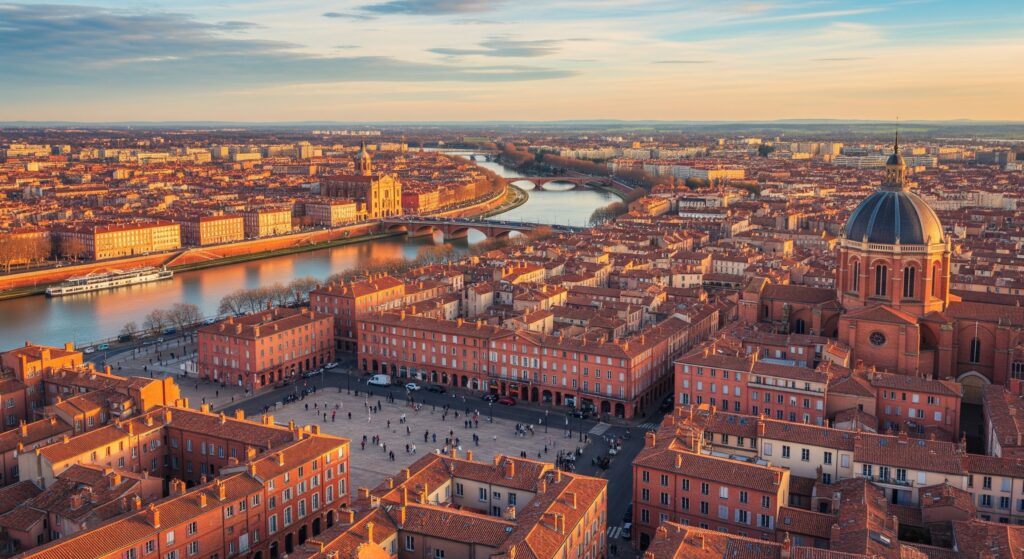 Bird's-eye view of Toulouse, France, highlighting the city's layout and scenic surroundings.