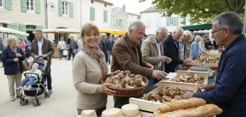 People shop for mushrooms and bread at an outdoor market during the Cèpes par là market in Perigord Dordogne in Autumn.