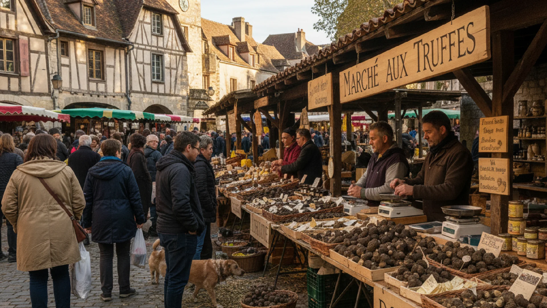 People shopping for fresh food at a lively street market in Dordogne, showcasing winter activities in the region.
