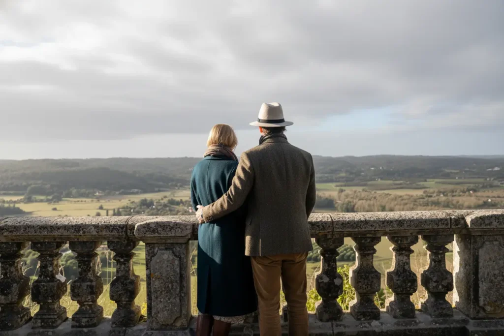 Un couple profitant de la vue sur la vallée de la Dordogne lors de leur séjour de Noël à La Perle de Domme.
